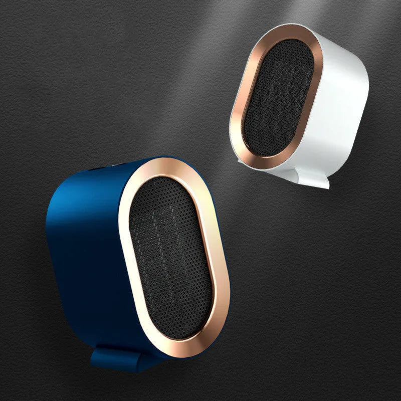 Desktop electric fan heater with a casting shell, showing mechanical dial and available in black, blue, green, or white.