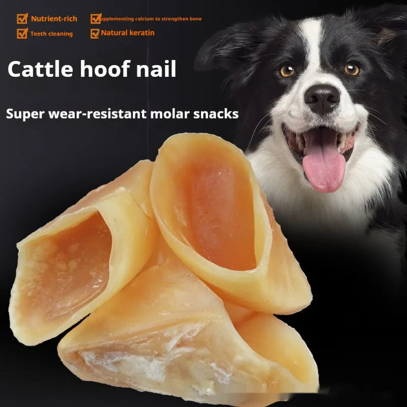 Cowhide dog chew rod in natural hoof shell colour shown in two sizes for small and large dogs