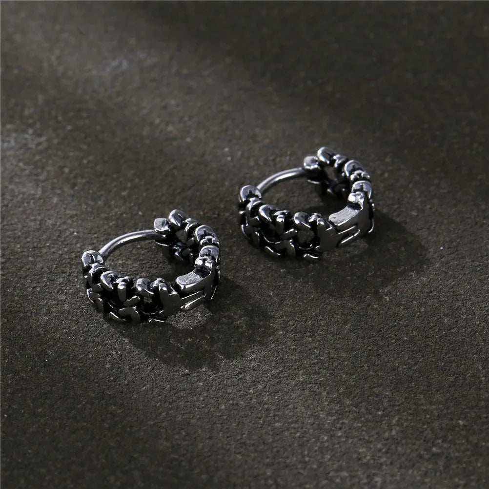 Men's silver-toned geometric copper earrings for hip hop style, shown in 10mm and 14mm sizes.