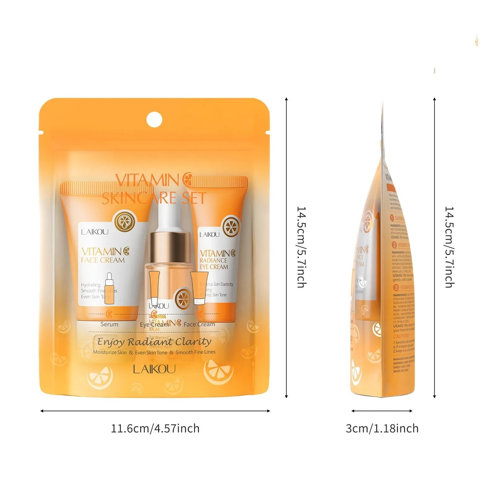 Laikou Vitamin C skin care set 3-piece set with facial cleanser, essence, and eye cream