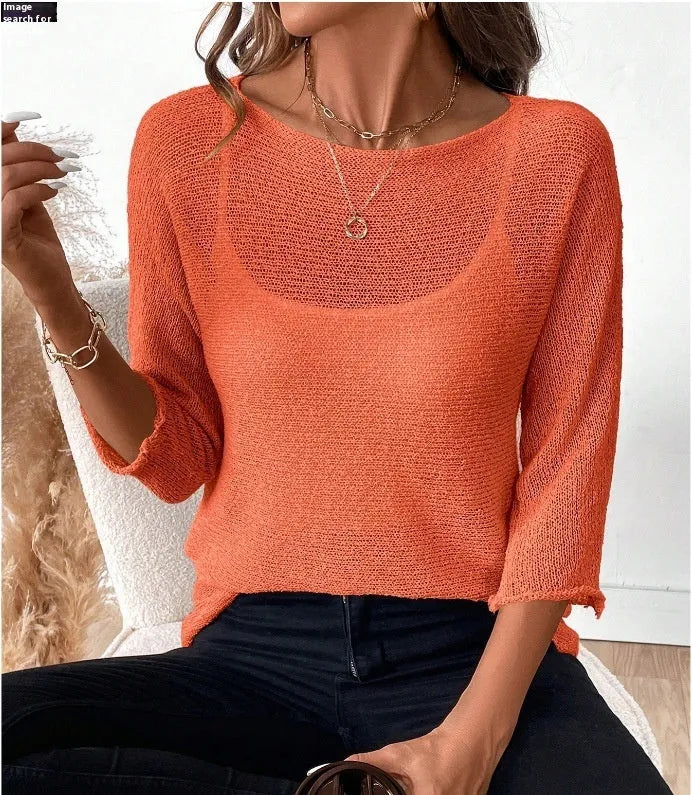 Women's knitted off-shoulder top in thin polyester fabric with 3/4 sleeves and 3D pattern