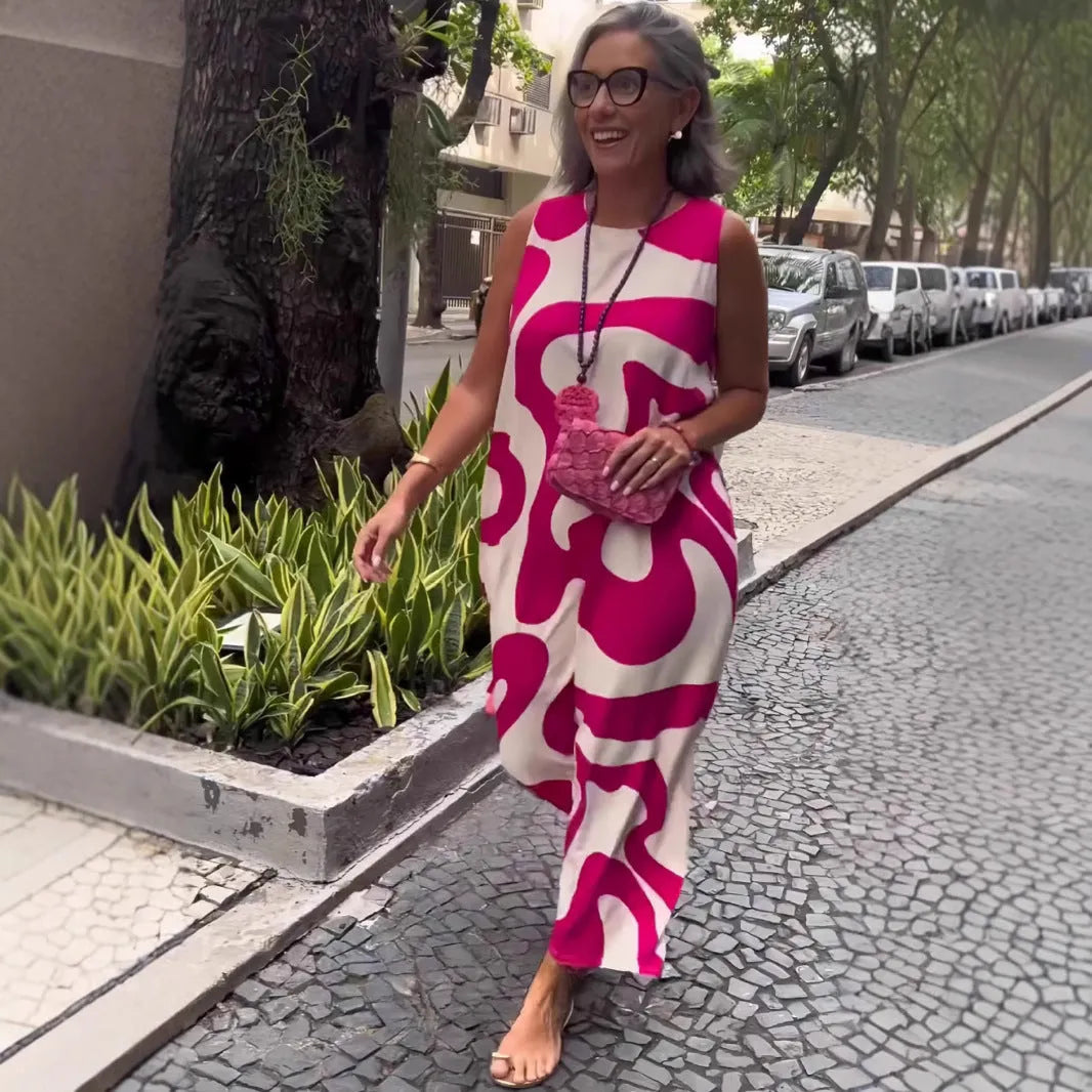 V-neck printed sleeveless dress in Rose Red with abstract pattern and A-line skirt for commuting style