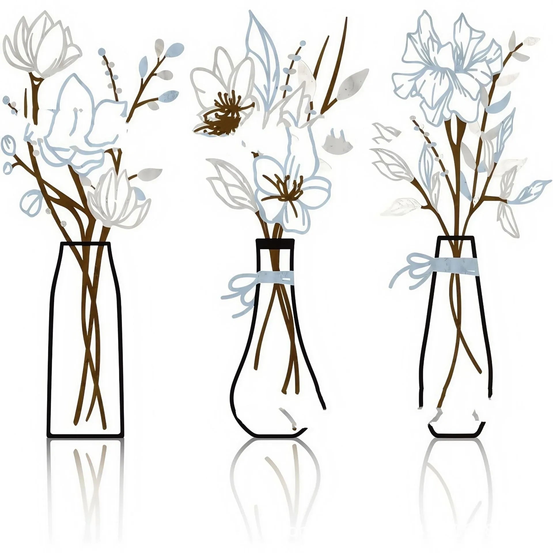 Three metal flowers wall art pieces with vase designs in farmhouse style