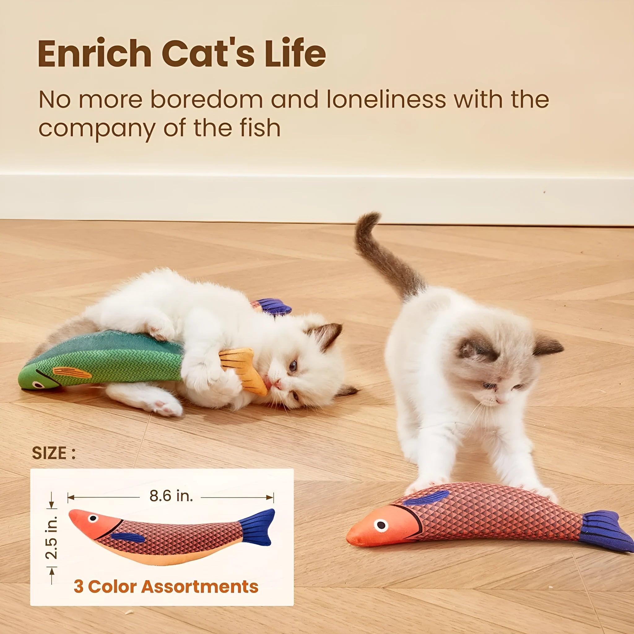 Soft plush fish-shaped cat toy with organic catnip filling in green, orange and yellow colour options