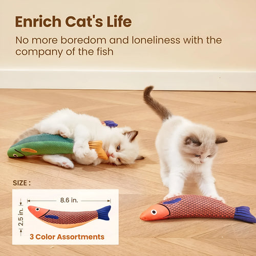 Soft plush fish-shaped cat toy with organic catnip filling in green, orange and yellow colour options