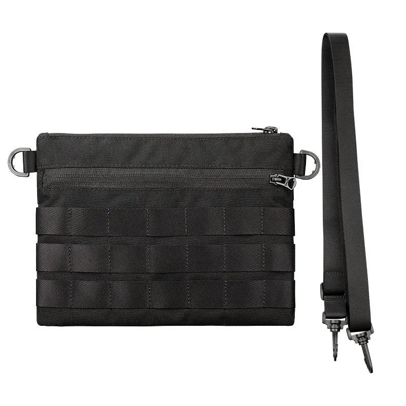 Black Oxford cloth outdoor belt bag with compact 18cm by 3.5cm dimensions for tactical and sports use