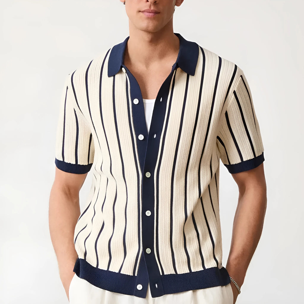 Men's white ice silk knitted polo shirt with asymmetric design and lapel neckline