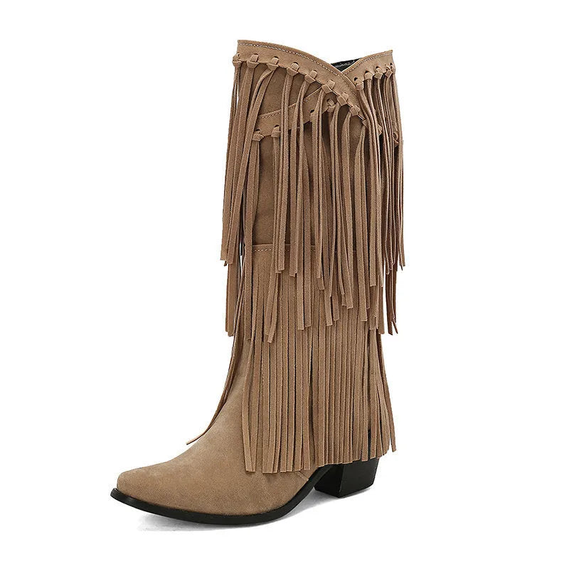 Women's suede knee-high boots with a chunky heel, square toe, and waterproof platform in multiple colours.