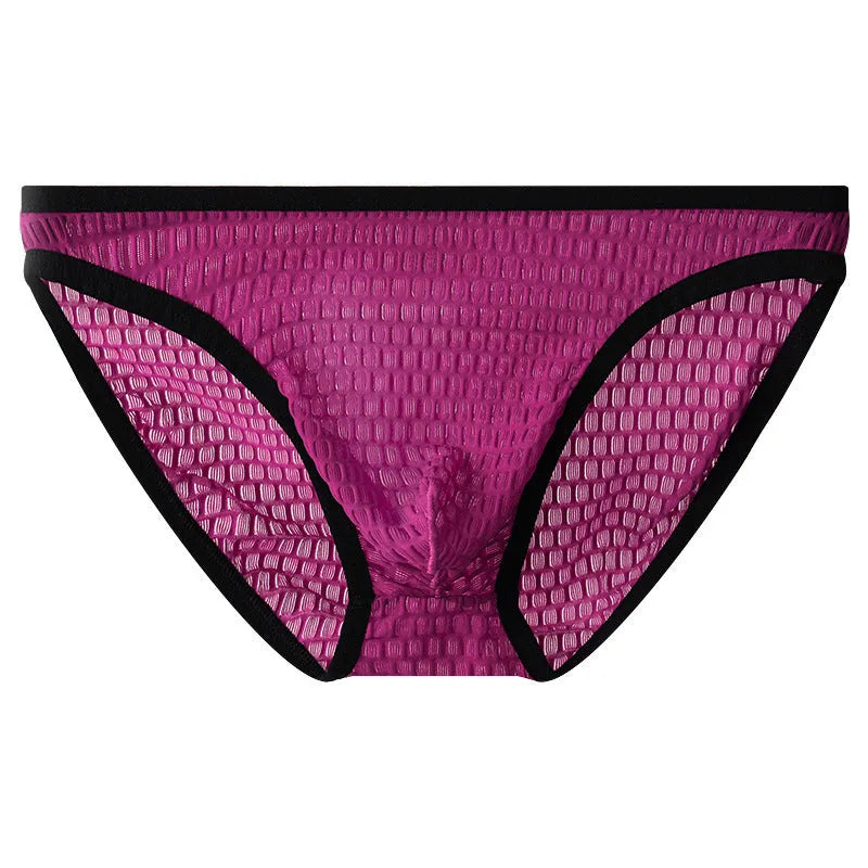 Men's low waist transparent visual underwear in nylon lace fabric showing breathable quick-drying construction