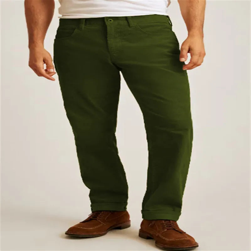 Corduroy straight-leg casual trousers in green with mid waist and zip placket closure