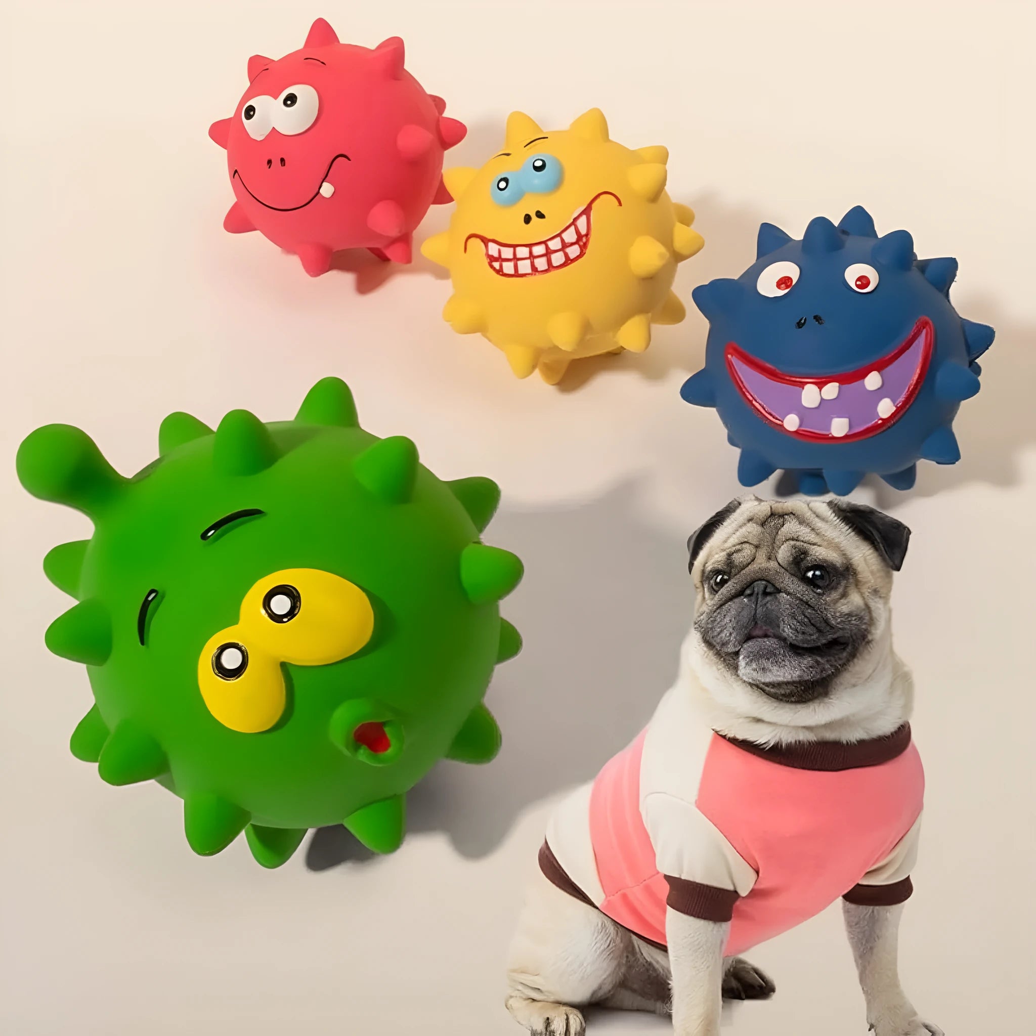 Four colourful natural latex squeaky dog balls with bumpy texture and cute faces