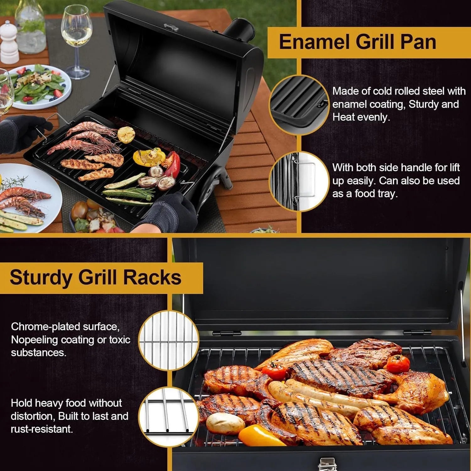 Small folding desktop charcoal barbecue grill with a compact, collapsible metal frame.