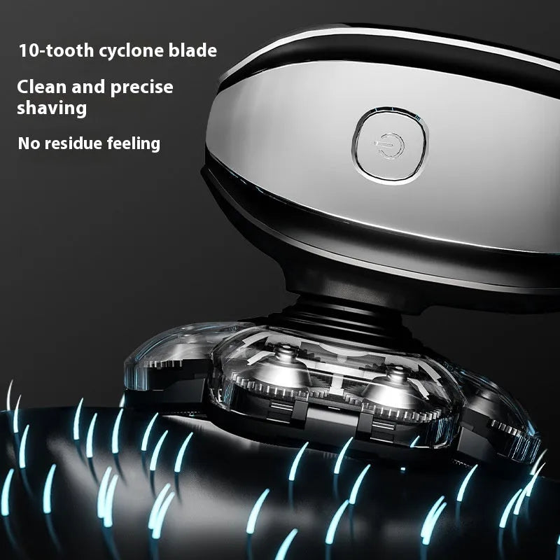 Black 6-in-1 multifunctional rechargeable hair clipper and shaver kit with attachments on a white background.