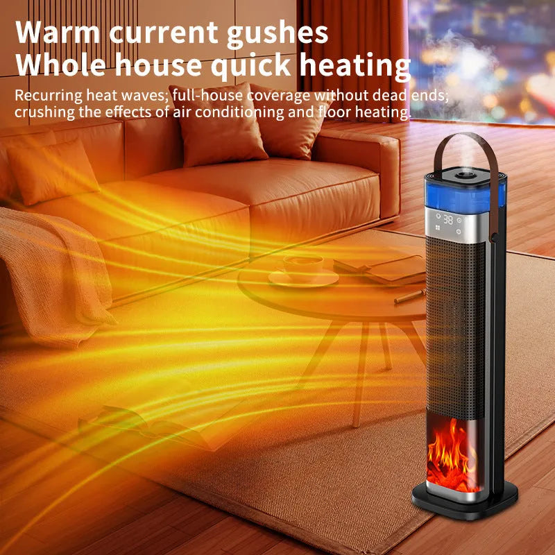 Tall, vertical intelligent heater with voice control and humidification function.