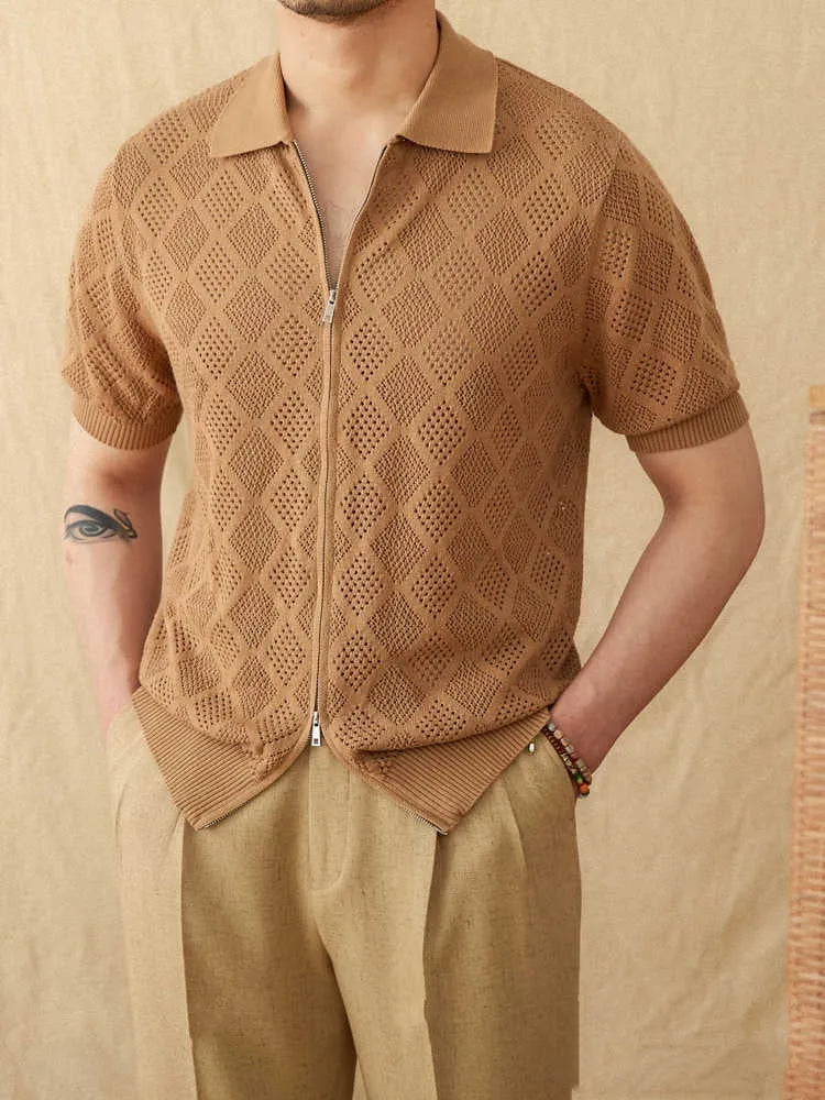 Cotton short sleeve cardigan with front zipper and lapel collar in light brown colour