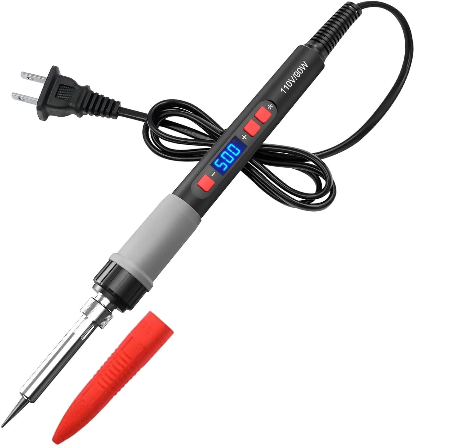 Grey 90W electric soldering iron kit with ceramic heating core, five tips, sponge, and tin wire on workbench