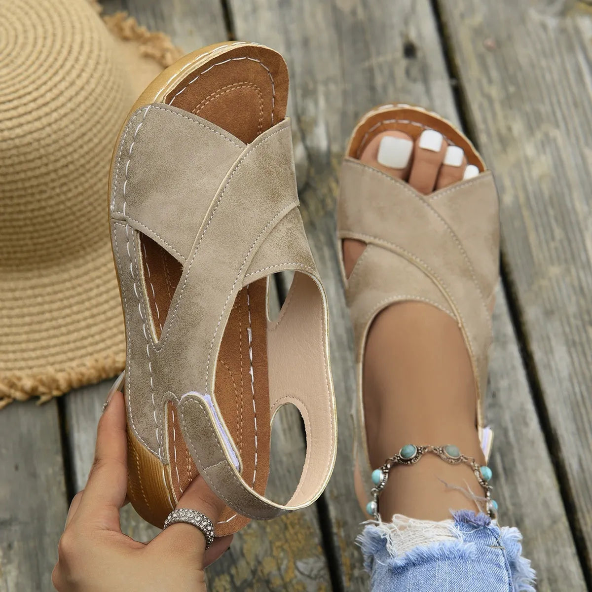 Roman platform sandals with skirt detail and adjustable Velcro strap in khaki colour