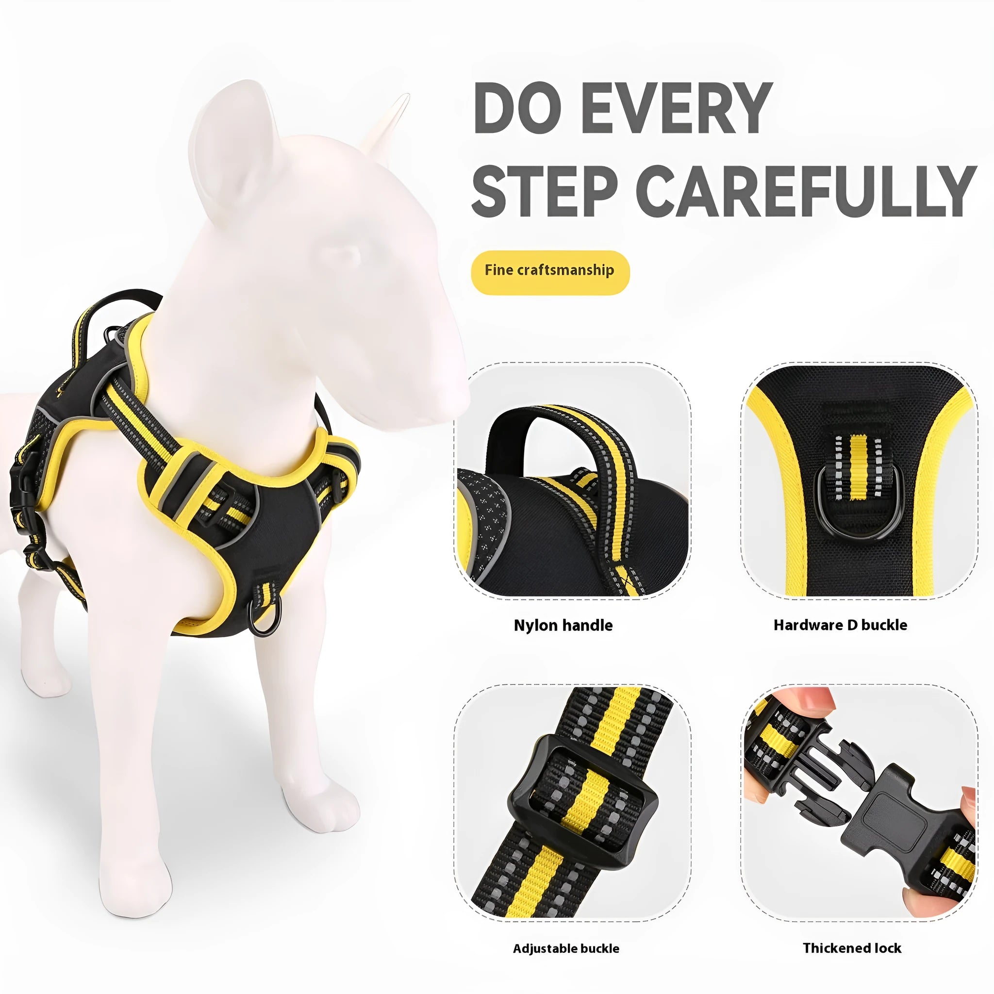 Yellow polyester dog training harness with anti-break loose design shown in S, M, L sizes