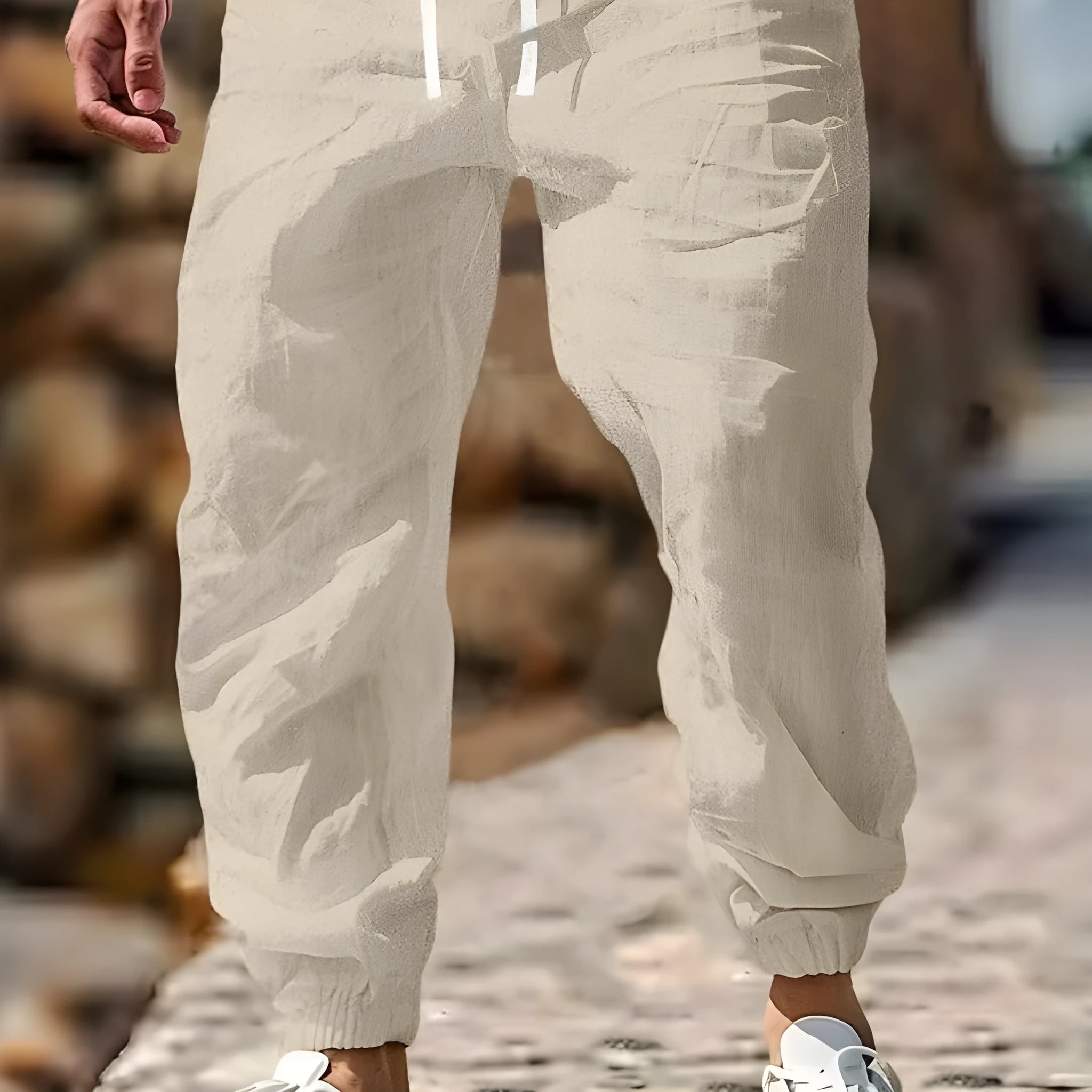 Men's elastic waist summer trousers in straight cut design showing army green colour option