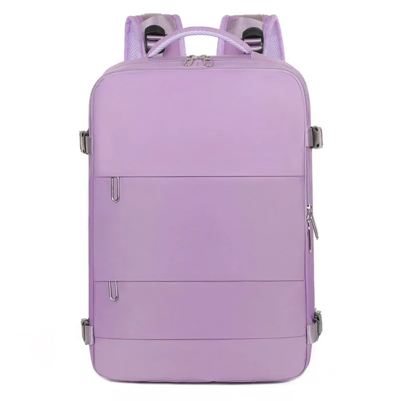 Women's large-capacity travel backpack in purple with organisational compartments and waterproof Oxford cloth construction