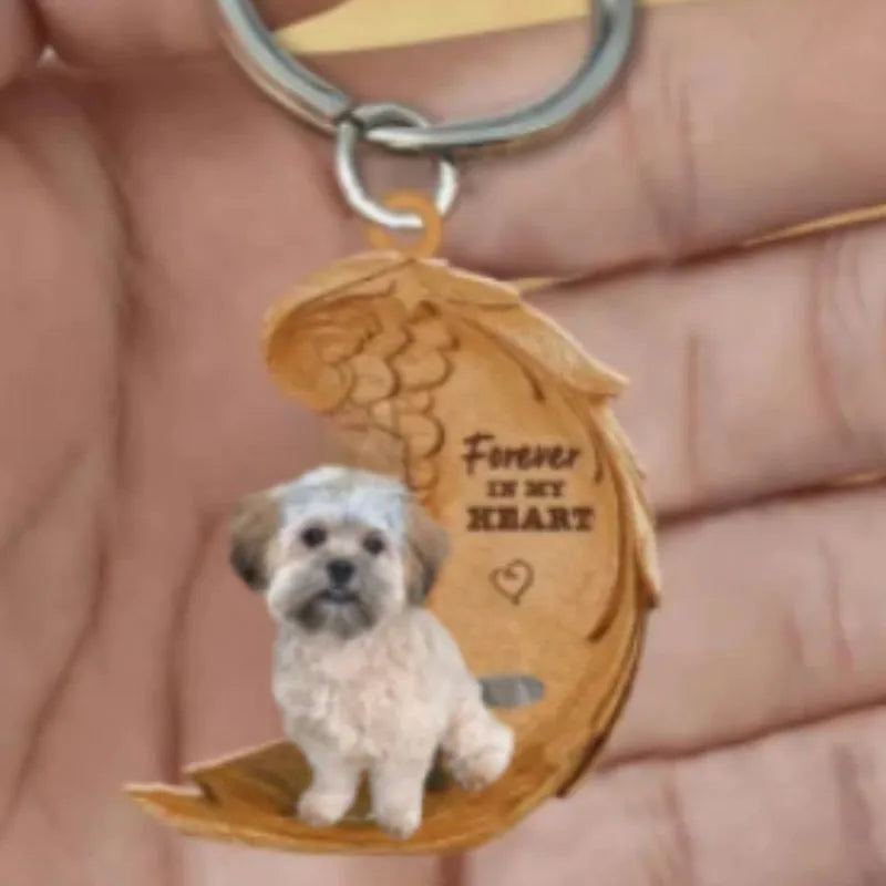 Square clear acrylic car hanging ornament with a colourful cute dog picture, 9cm by 9cm.