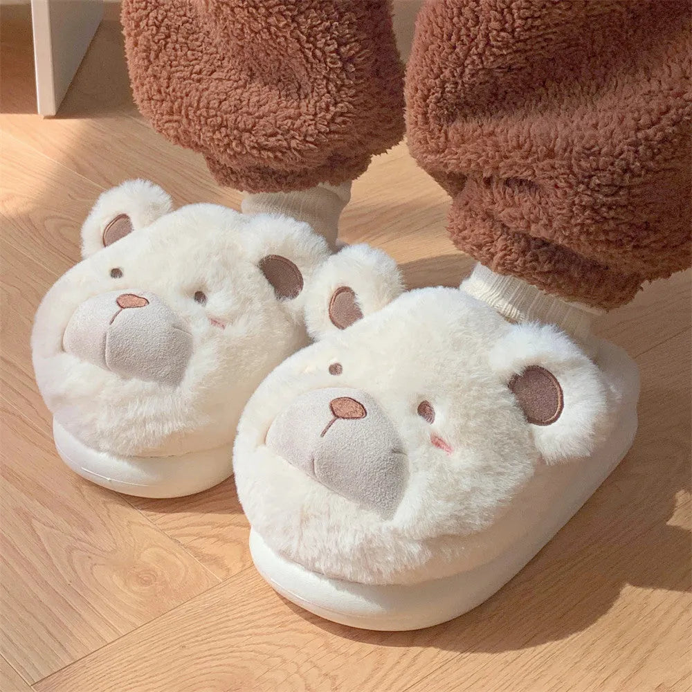 Cartoon pattern suede plush slippers for women in khaki, shown with round toe design.