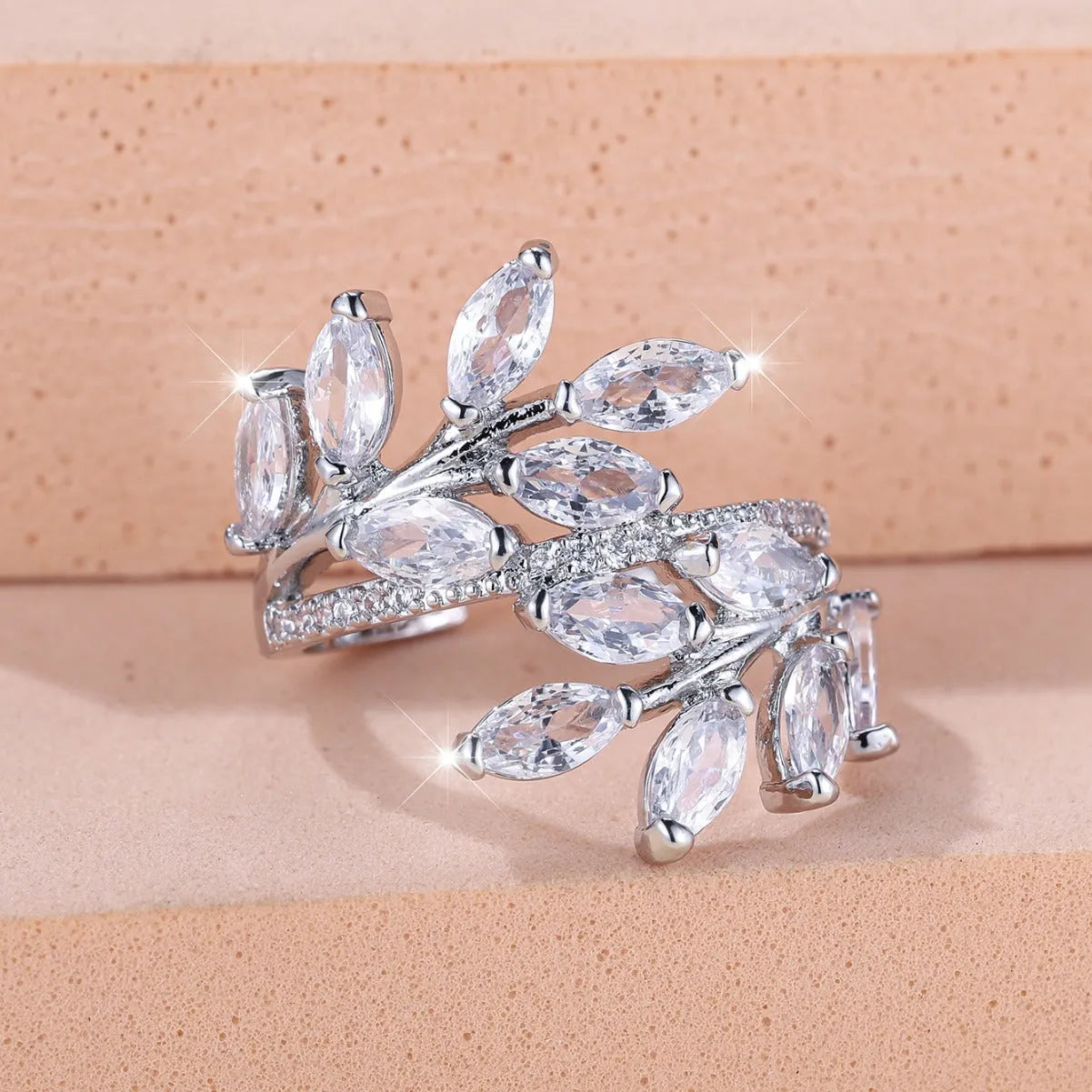 Adjustable copper ring with horse eye zircon stone and leaf design in multiple colour finishes