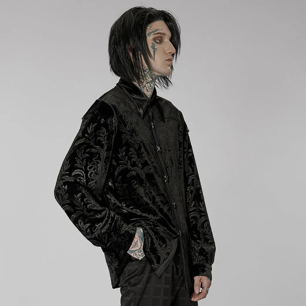 Black gothic preppy style men's velvet shirt with pointed collar and long sleeves