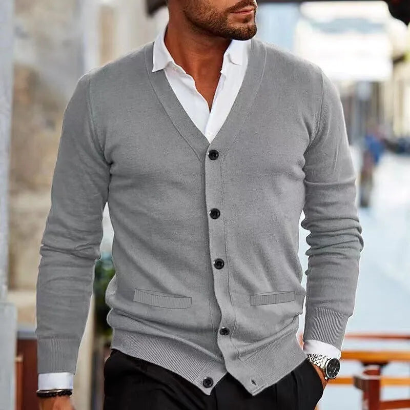 Men's slim fit acrylic cardigan sweater in a selection of colours including creamy-white, grey, black, wine red, and dark green.