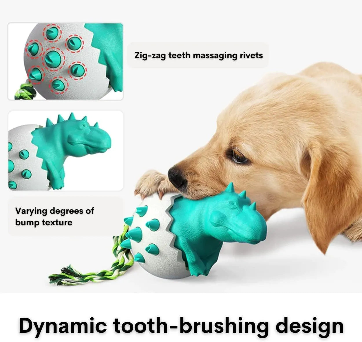 Blue dinosaur-shaped dog chew toy with textured nubs and a green rope tail for fetch or tug.