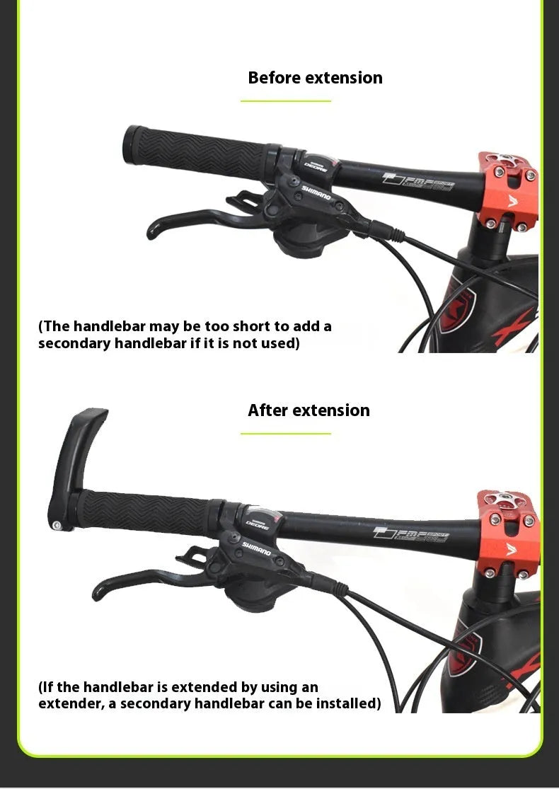Aluminium alloy mountain bike handlebar extension rod showing folding mechanism and adjustment range