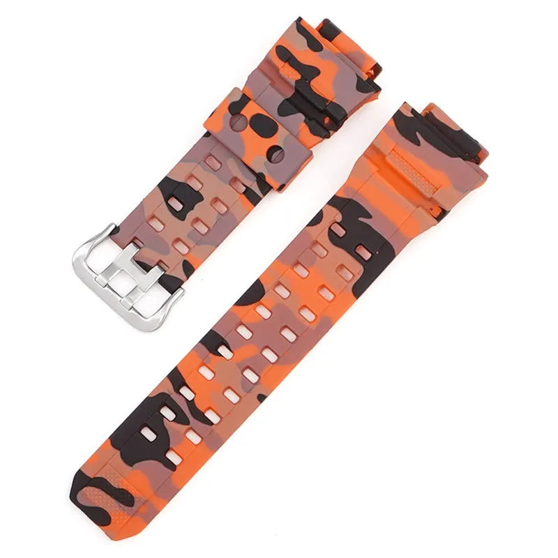 Camouflage patterned TPU resin watch strap with silver buckle on a grey background