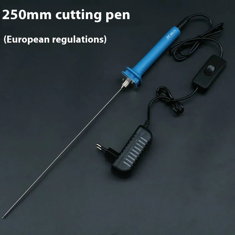 Blue electric heating cutter pen for cutting foam and polystyrene boards on a work surface