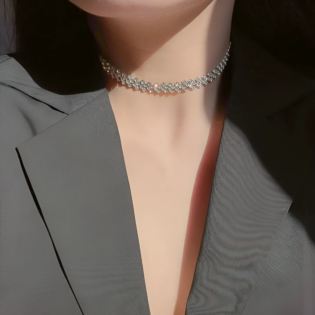 Full rhinestone necklace clavicle chain silver geometric diamond processing alloy women