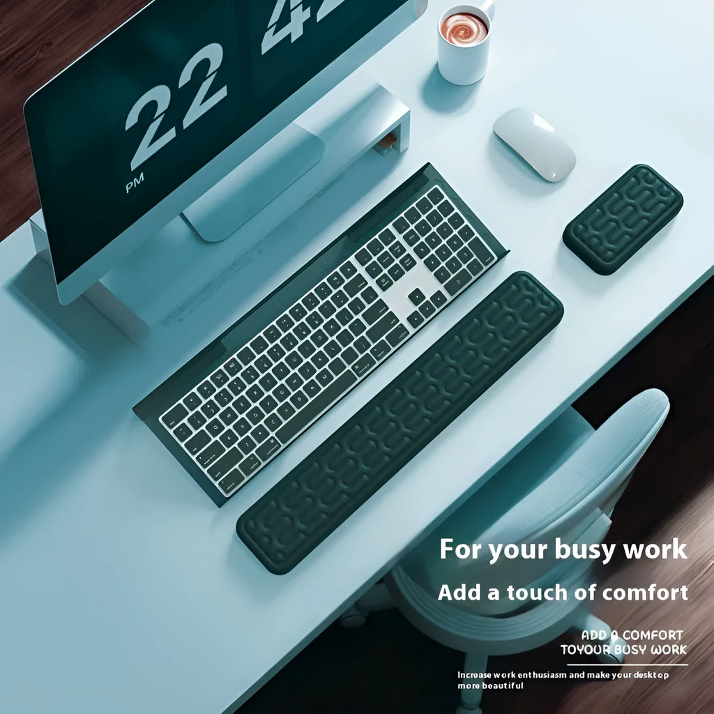 Double-sided memory foam keyboard and mouse pad with resin wrist rest in multiple colour options