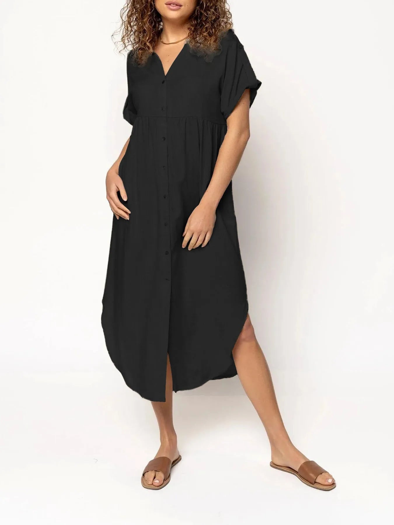 Loose casual button-front mid-length dress in solid colour