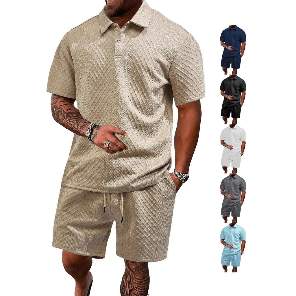 Men's patterned cloth casual suit with short sleeve polo top and matching trousers in multiple colour options
