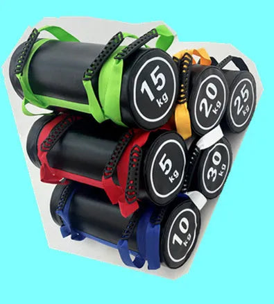 Flat white PVC fitness training sandbag for weight lifting and conditioning exercises.