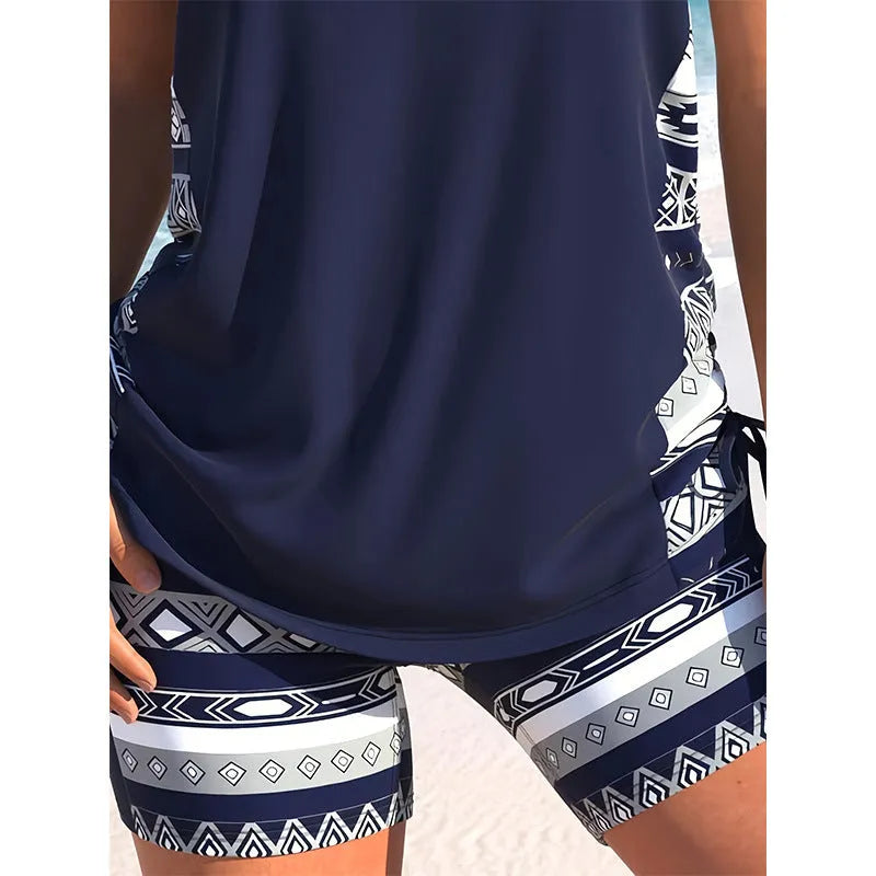 Women's sports hollow conservative split swimsuit in polyester sleeveless briefs style shown on white background