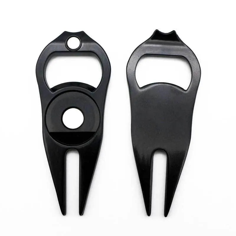 Zinc alloy golf accessory with ball yoke, bottle opener, and turf tool functions in black finish