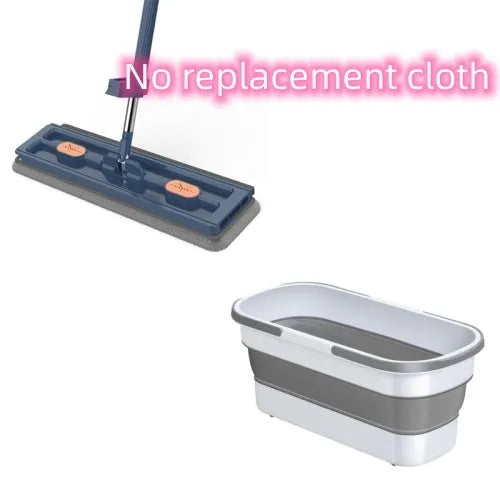 Large flat mop with blue cloth on a wooden floor, showing its 360-degree rotating head and long stainless steel handle.