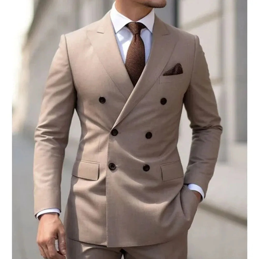 Men's gray Korean slim fit two-piece suit jacket and trousers on a hanger