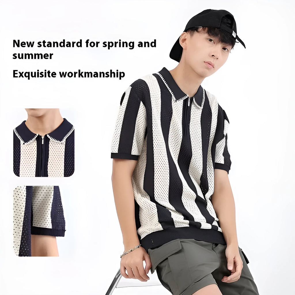 Men's black and white striped short sleeve summer sweater with zip detail on front.