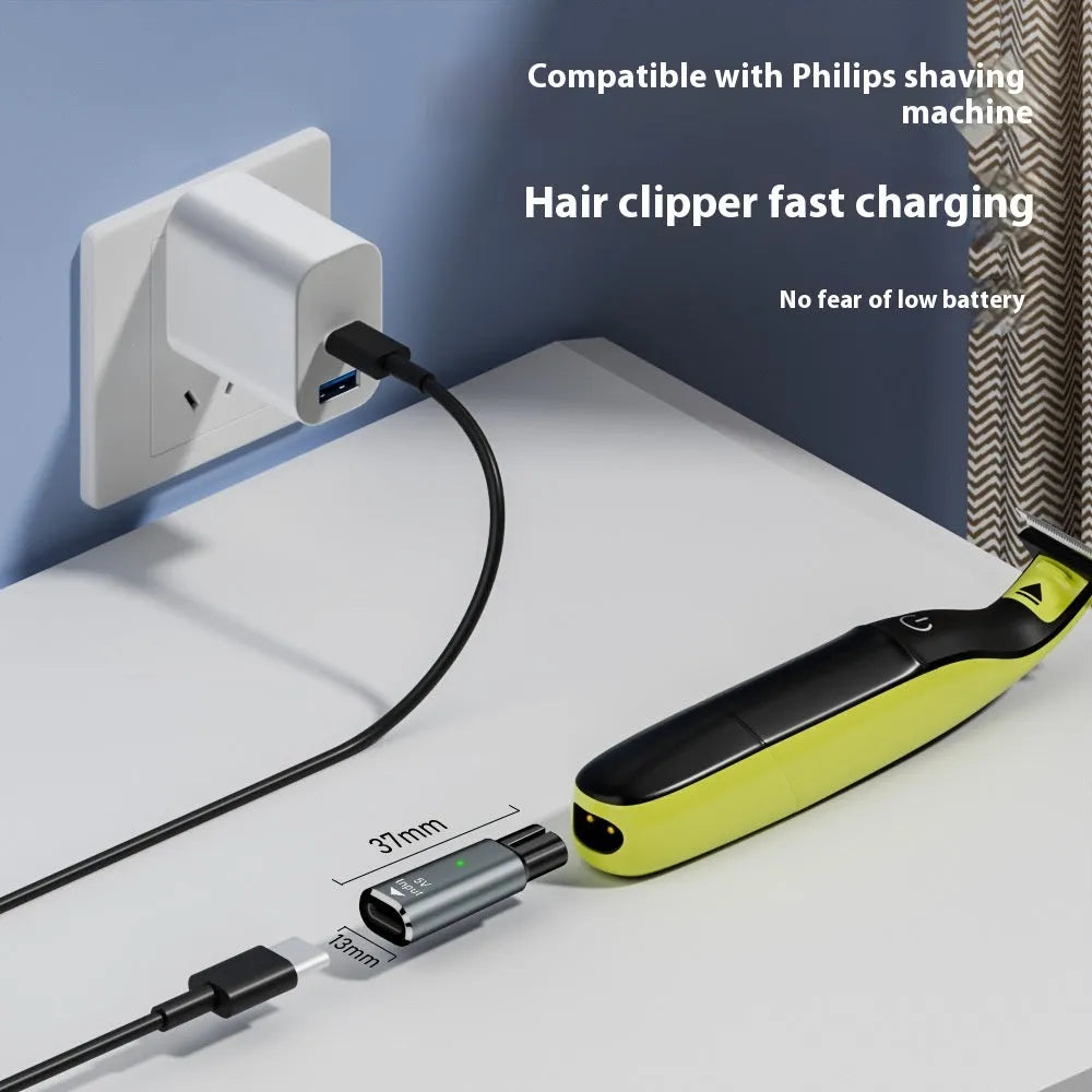 USB C charging adapter for electric shavers with aluminium alloy casing in black or grey