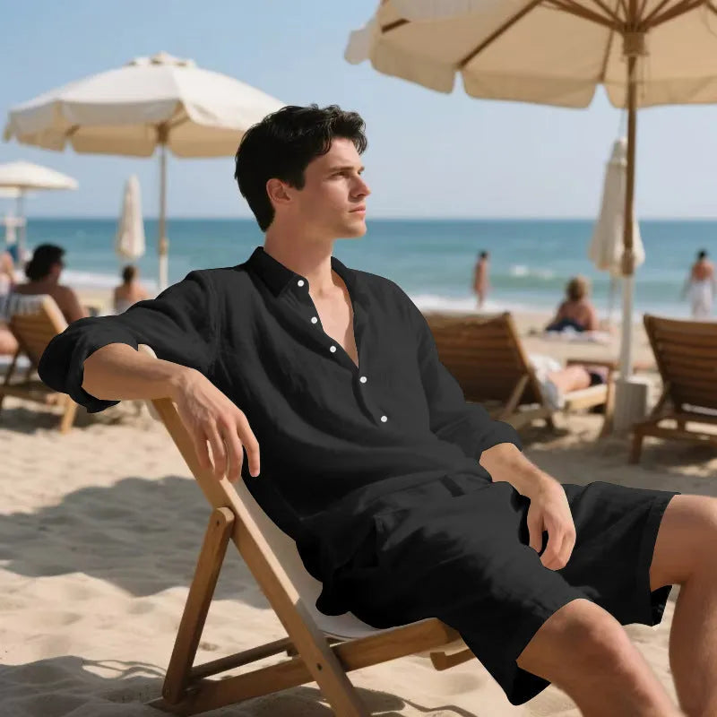 Men's linen long sleeve shirt and matching shorts set for beachwear in various colours.