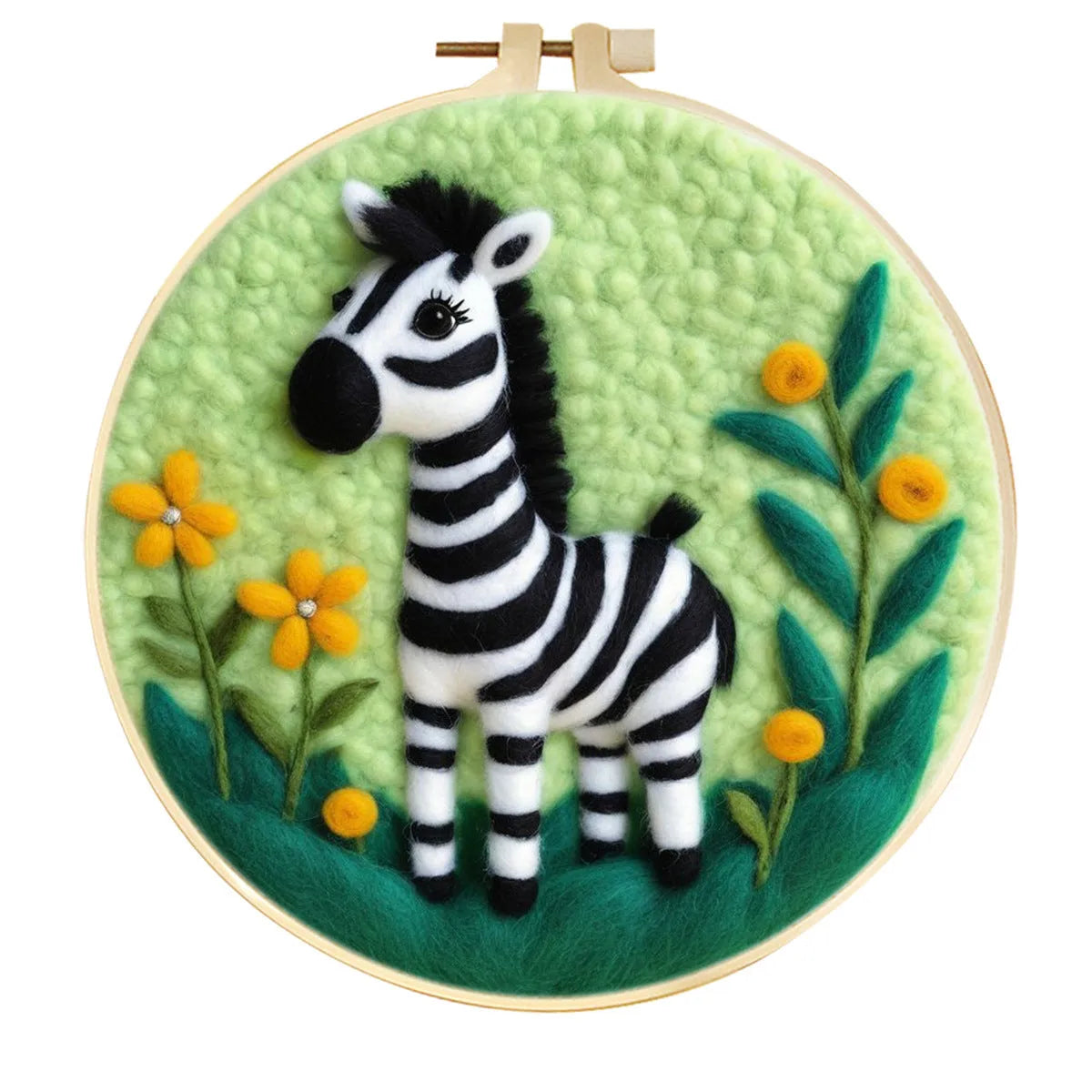 Round linen embroidery kit with wool felt pieces for 3D flowers and leaves, includes a free frame.