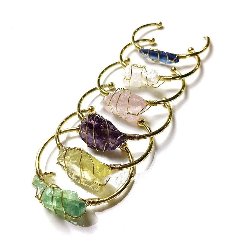 Unshaped natural crystal rough stone bracelet with gold winding geometric design and mixed colour stones