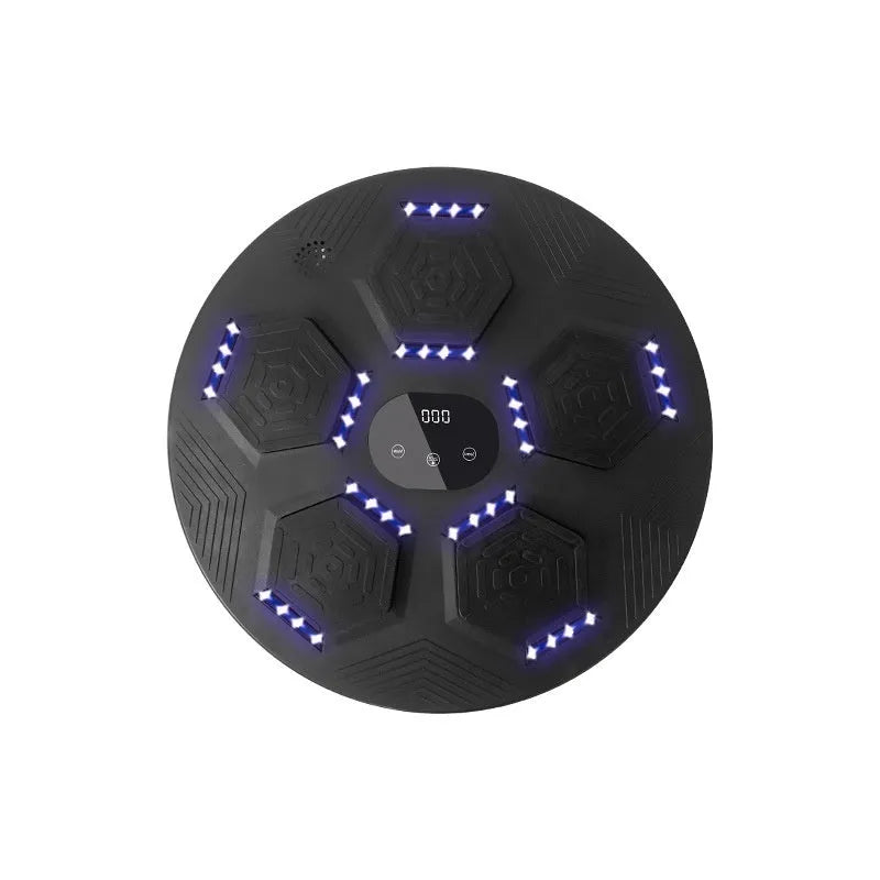 Smart music boxing machine reaction target with LED lights hanging on wall, includes boxing gloves