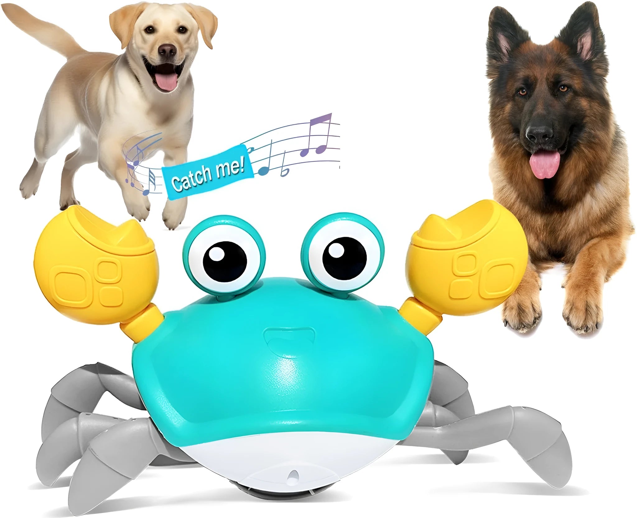 Blue interactive electronic crab dog toy crawling on floor with obstacle avoidance sensors and lights.