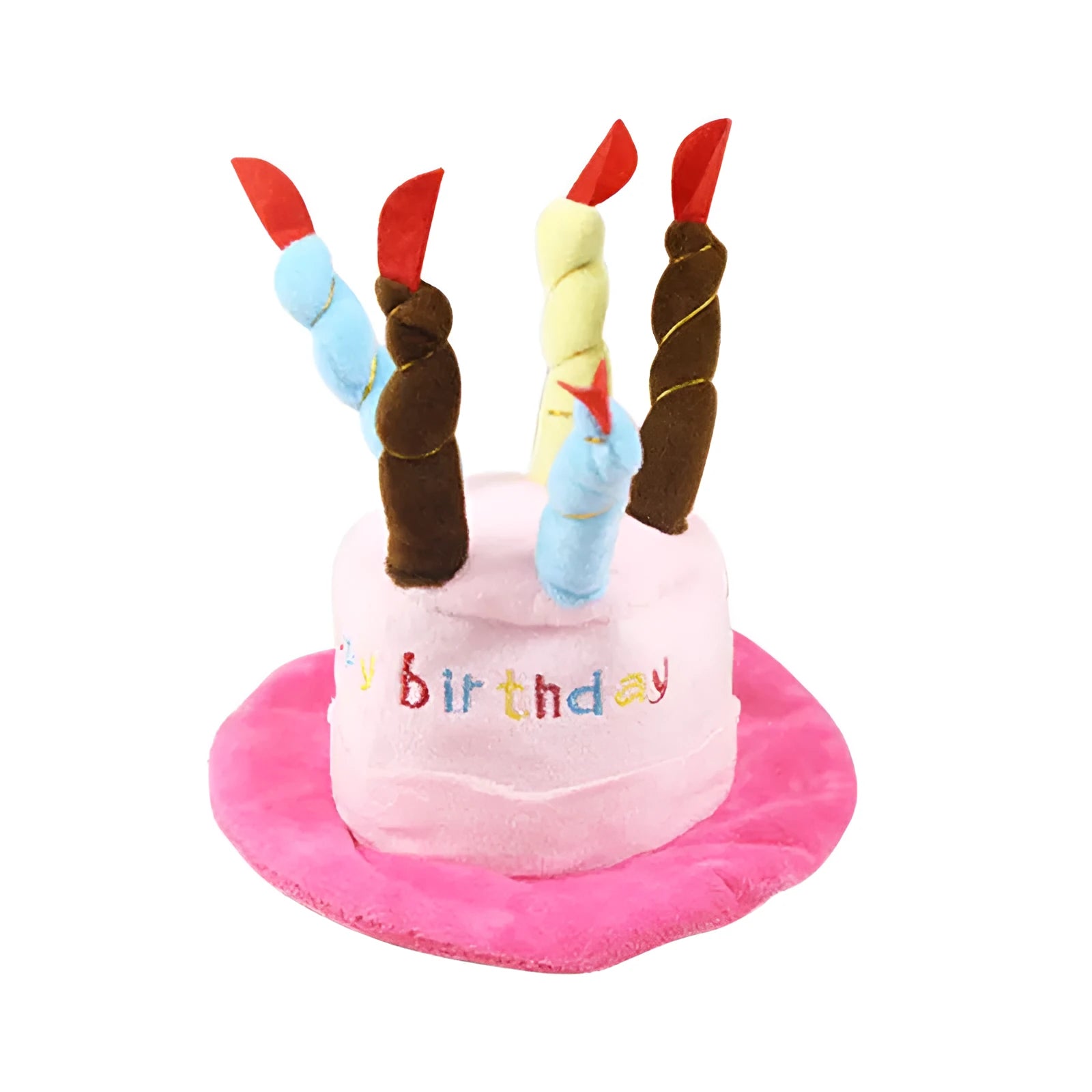 Blue and pink birthday hats for toy dogs showing 21cm width measurement